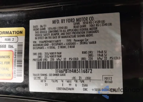 2021 Ford Mustang Ecoboost Fastback z USA, uszkodzony, nr VIN 1FA6P8TH4M5116872